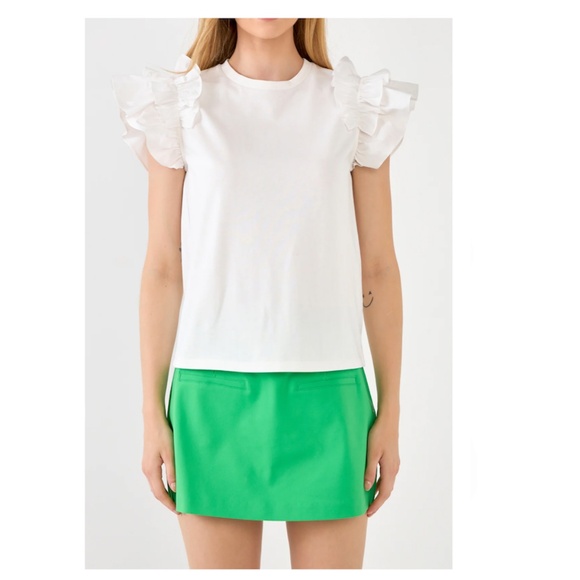 English Factory MIXED MEDIA RUFFLE DETAIL T-SHIRT - Picture 1 of 5